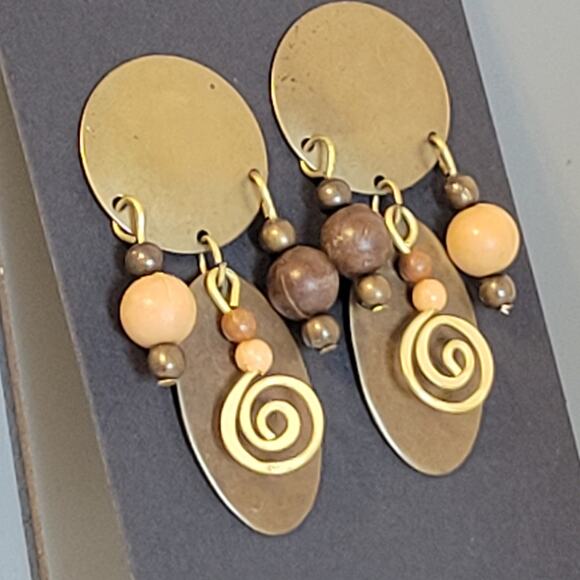 Boho Brass Dangle Earrings with Beads & Spiral Charm Tribal Boho Style - Picture 4 of 6